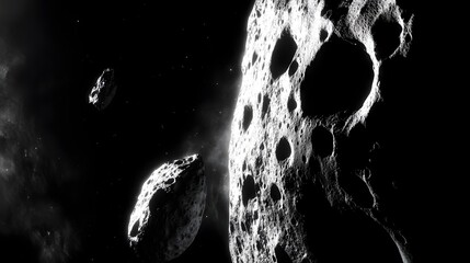 Wall Mural - asteroid with craters: a close-up of a large asteroid covered in deep craters, drifting silently thr