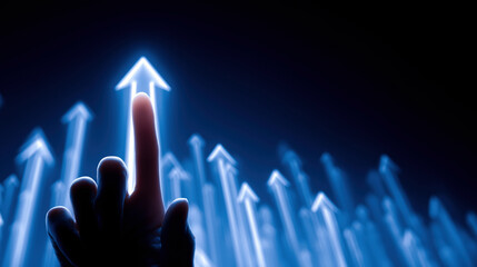 Poster - A finger points upward among glowing arrows, symbolizing growth, success, and progress in a futuristic, digital environment.