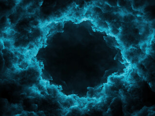 Wall Mural - Dark Cloudy Sky with Vibrant Turquoise Edges and Center Light Opening in Atmospheric Scene