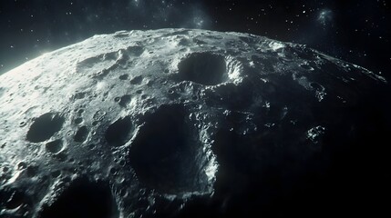 Wall Mural - asteroid with craters: a close-up of a large asteroid covered in deep craters, drifting silently thr