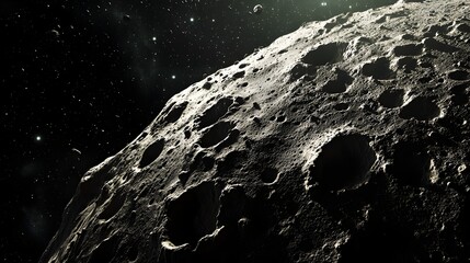 Wall Mural - asteroid with craters: a close-up of a large asteroid covered in deep craters, drifting silently thr
