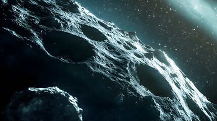 Wall Mural - asteroid with craters: a close-up of a large asteroid covered in deep craters, drifting silently thr