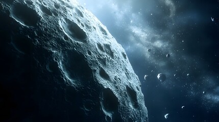 Wall Mural - asteroid with craters: a close-up of a large asteroid covered in deep craters, drifting silently thr