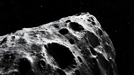 Wall Mural - asteroid with craters: a close-up of a large asteroid covered in deep craters, drifting silently thr