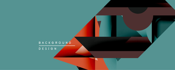 Aufkleber - Abstract geometric composition. Overlapping shapes create dynamic visual effect. Teal background contrasts with red, black, brown elements. Modern design aesthetic.