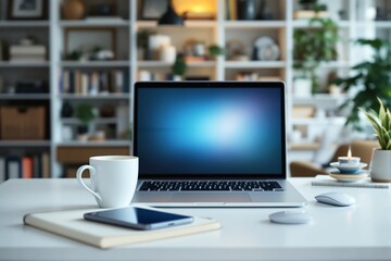 Poster - Modern workspace with laptop, coffee cup, and smartphone on white desk.
