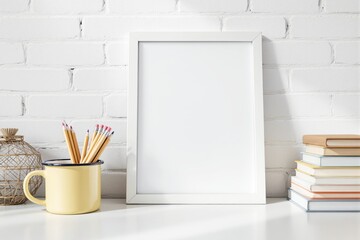 Poster - Blank white frame with books and pencils on desk against white brick background.