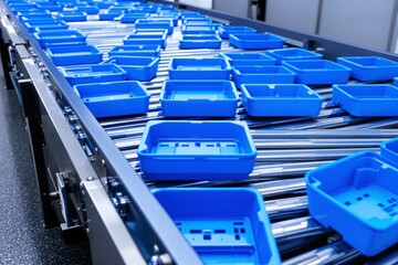 Poster - Automated conveyor system with blue plastic containers in an industrial facility.