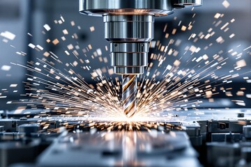 Poster - CNC machine drilling metal with bright sparks flying in industrial background.