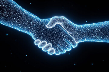 Poster - Digital handshake formed by glowing blue network connections on dark background.