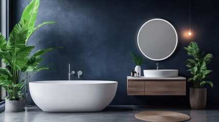 Poster - Modern, dark blue bathroom with a freestanding tub and large plants