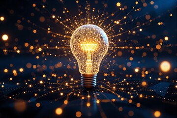 Poster - Glowing digital light bulb with network connections on dark background.