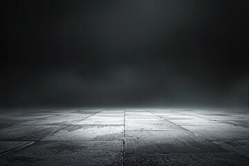 Poster - Dark empty concrete floor with foggy background for presentation.
