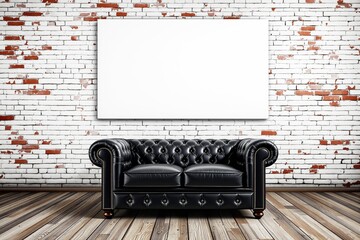 Poster - Blank white canvas mockup on brick wall with black leather sofa in modern interior.