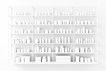 Poster - White shelves with blank packaging bottles and boxes on a pegboard background.