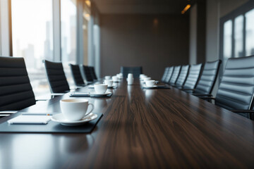 Poster - Modern business conference room with long wooden table and black chairs.