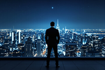 Poster - Businessman standing on rooftop overlooking illuminated city skyline at night.