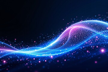 Poster - Futuristic glowing wave with digital particles on dark background.
