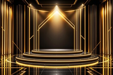 Poster - Luxurious black and gold stage background with glowing neon lights.