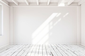 Poster - Bright empty white room with wooden floor and sunlight.