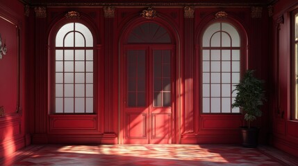 Poster - Red antique hall with arched windows and a double door