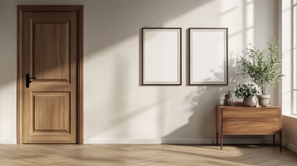 Poster - Simple, sunlit room with wooden door and decor