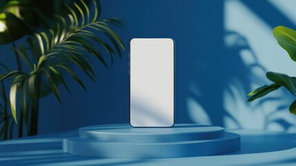 Poster - Smartphone mockup on a blue podium surrounded by tropical plants