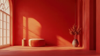 Poster - Vibrant red room with sunlight streaming through a large window