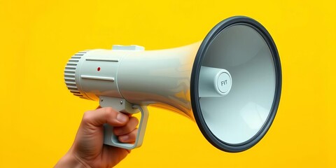 Wall Mural - Close-up of a hand holding a megaphone against a vibrant yellow background, communication, empty space
