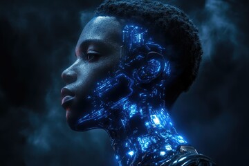 Leinwandbilder - A futuristic portrait of a person with glowing blue circuitry integrated into their body, representing transhumanism and technological advancement.