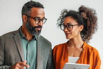 Poster - A man and woman, both wearing glasses, engage in a discussion, possibly reviewing a tablet.