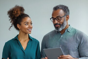 Fototapete - A man and woman collaborate, looking at a tablet; discussing ideas or projects.