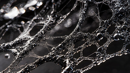 Intricate Web with Dewdrops: A stunning macro close-up showcasing the intricate beauty of a spider web glistening with dew drops, capturing the essence of nature's delicate artistry. 