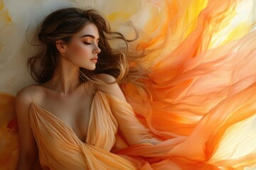 Leinwandbilder - A serene woman with flowing auburn hair rests peacefully in an orange silk gown.