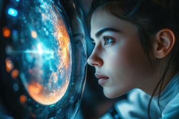 Poster - A young woman gazes intently at a vibrant, swirling planetary image in a futuristic space helmet.