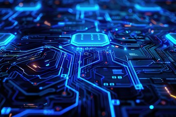 Poster - Glowing blue motherboard pattern with central processor futuristic technology