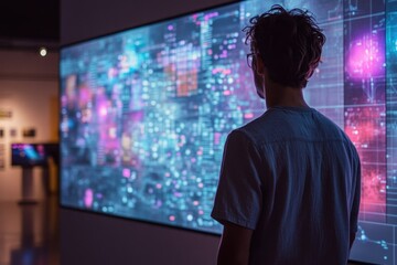Fototapete - A person observes a large screen displaying complex data visualizations, suggesting data analysis or system monitoring.