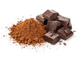Close up view of dark squares and cocoa powder isolated on white background