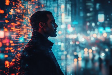 Poster - A man silhouetted against a vibrant cityscape backdrop, overlaid with digital code, conveying a sense of futuristic technology and urban life.