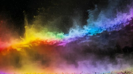 Poster - Vibrant rainbow of pigmented powder explosion creates dynamic colorful cloud on a dark backdrop.