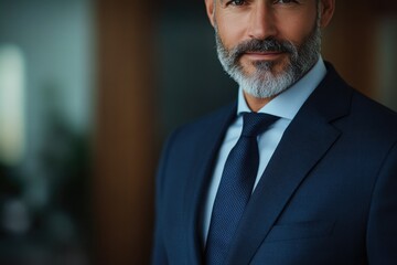 Poster - Portrait of a confident mature businessman in a navy blue suit and tie, showcasing his professional attire and serious expression.