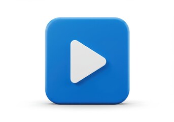 Poster - A blue square button with a white play symbol isolated on white background