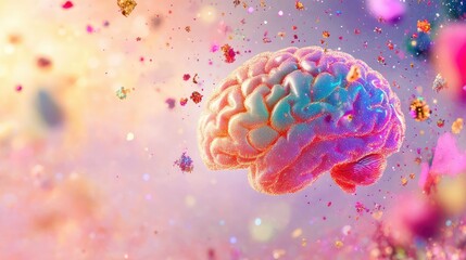 Poster - Artistic visualization of a human brain illuminated by digital elements and vibrant galactic lights in dreamlike style