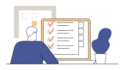 Poster - business performance checklist businessman using laptop doing online checklist survey filling out digital form checklist take an assessment questionnaire evaluation online survey online exa 30889831 4