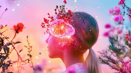 Poster - Dreamlike blend of neural network visuals, digital overlays, and colorful cosmic light effects surrounding the brain