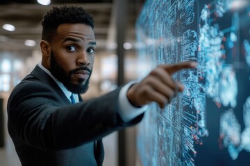 Aufkleber - A businessman interacts with a large digital screen, analyzing complex data and information.