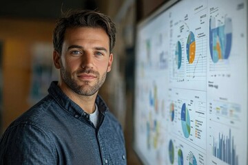 Poster - Confident businessman standing near a whiteboard filled with charts and graphs, showcasing business success and data analysis.