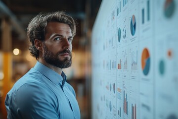 Fototapete - A man thoughtfully examines a wall of charts and graphs, contemplating data analysis and business strategy.