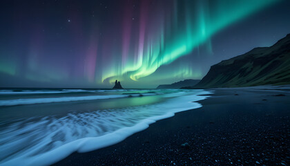 aurora borealis iceland black sand beach reynisfjara northern lights landscape night sky photography