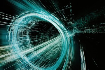 abstract digital tunnel with swirling lines and glowing teal light, intricate network of lines and c